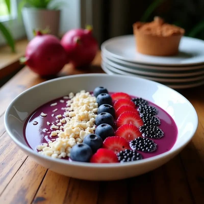 Açaí Bowl con Toppings de Fruta Dragón y Coco: Desayuno Brasilero Antioxidante y Vegano