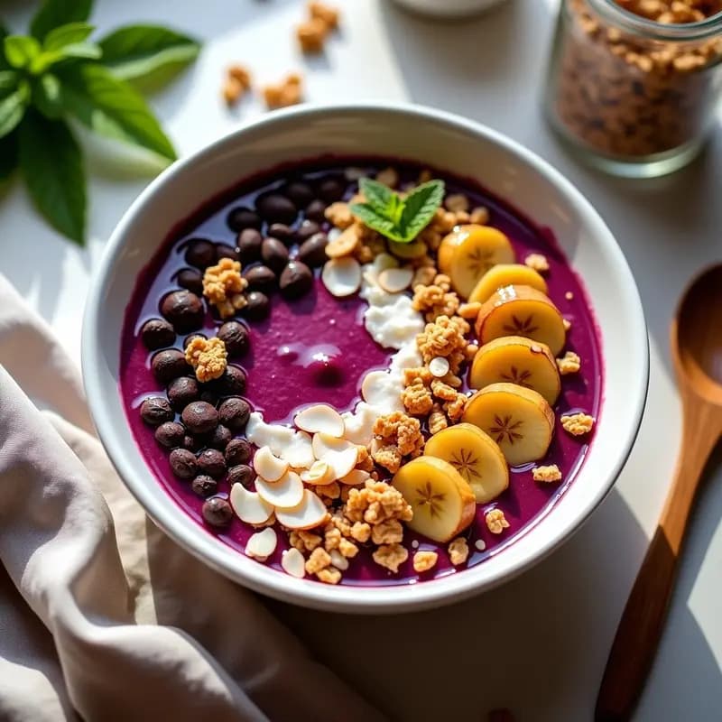 Açaí Bowl con Granola y Plátano: Desayuno Brasieño Antioxidante y Sin Azúcar