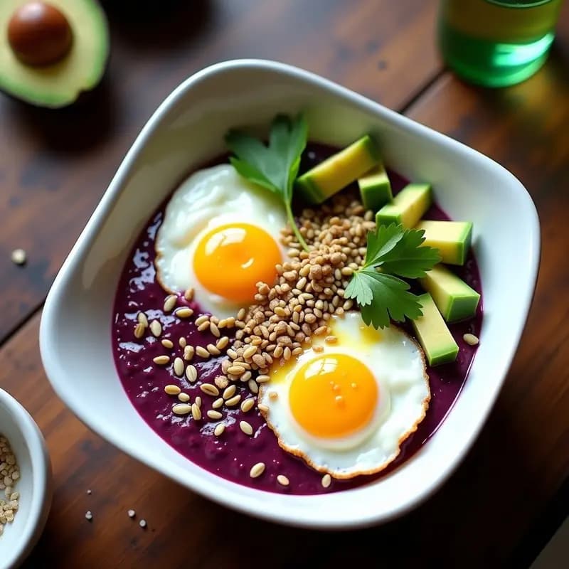 Açaí Bowl Salgado con Aguacate, Huevos Poché y Semillas: Desayuno Brasilero Alta en Proteínas