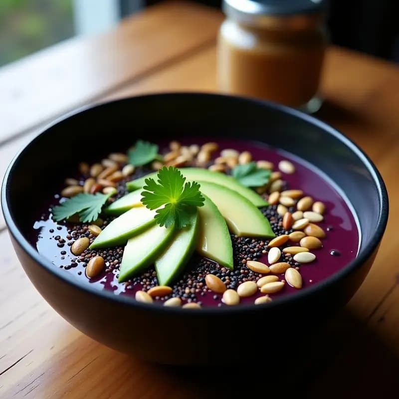 Açaí Bowl Salado con Aguacate y Semillas: Desayuno Brasileño Keto y Energético