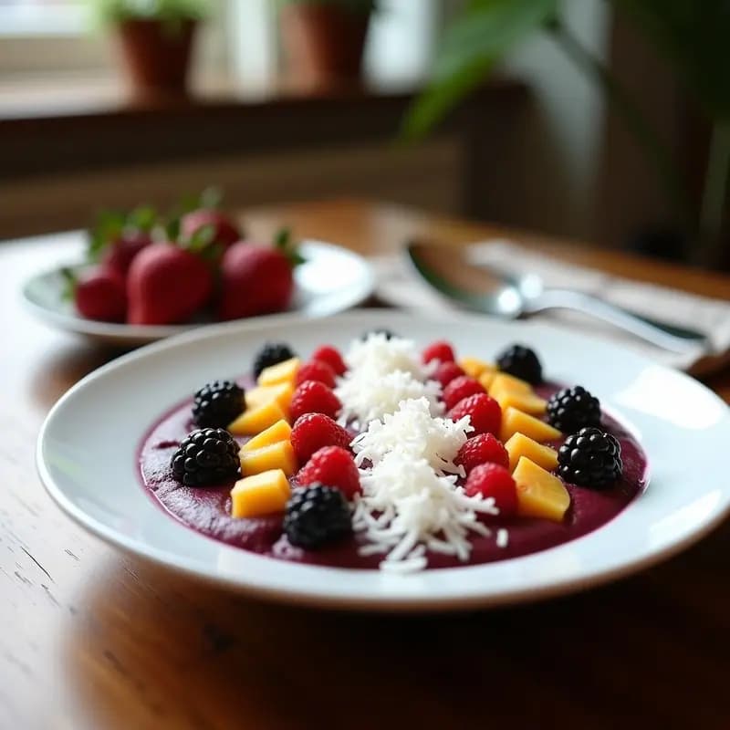 Açaí Na Tigela con Frutas Tropicales y Coco Rallado: Desayuno Brasileño Antioxidante y Sin Azúcar