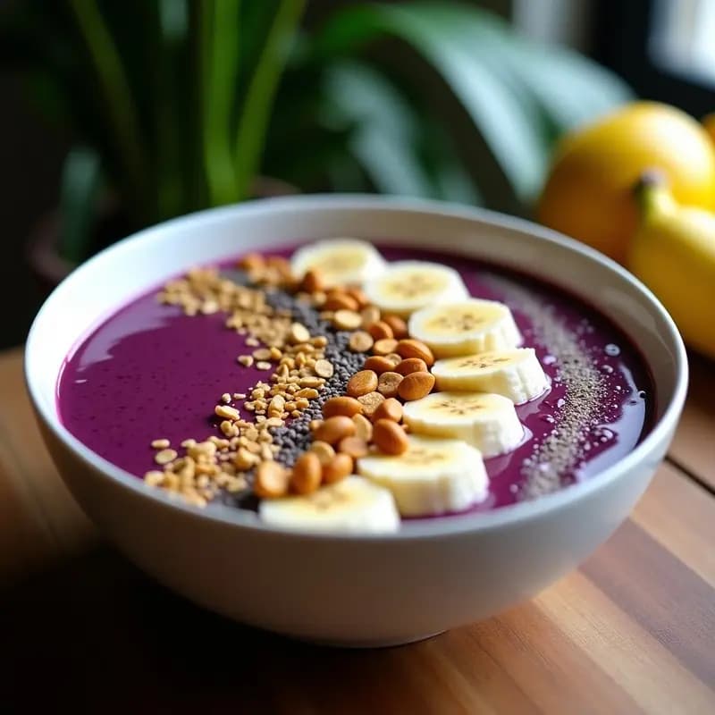 Açaí Na Tigela con Toppings de Cacahuete y Banano: Desayuno Brasilero Energético