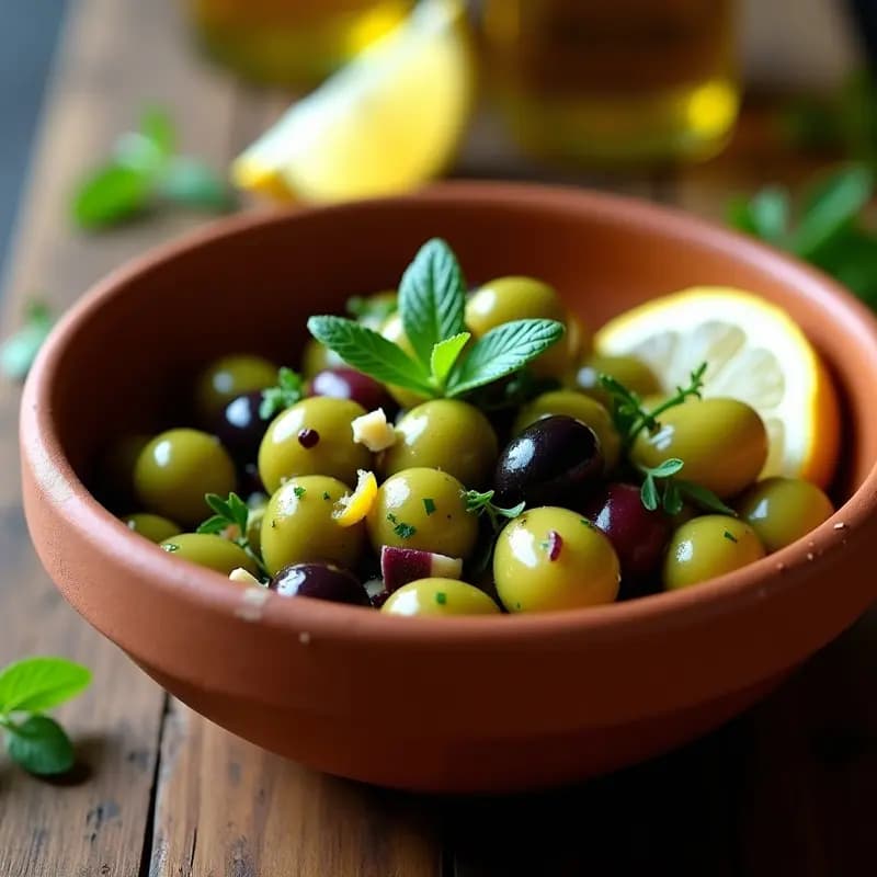 Aceitunas Aliñadas con Limón, Hierbabuena y Ajo: Tapa Marroquí Refrescante en 10 Minutos