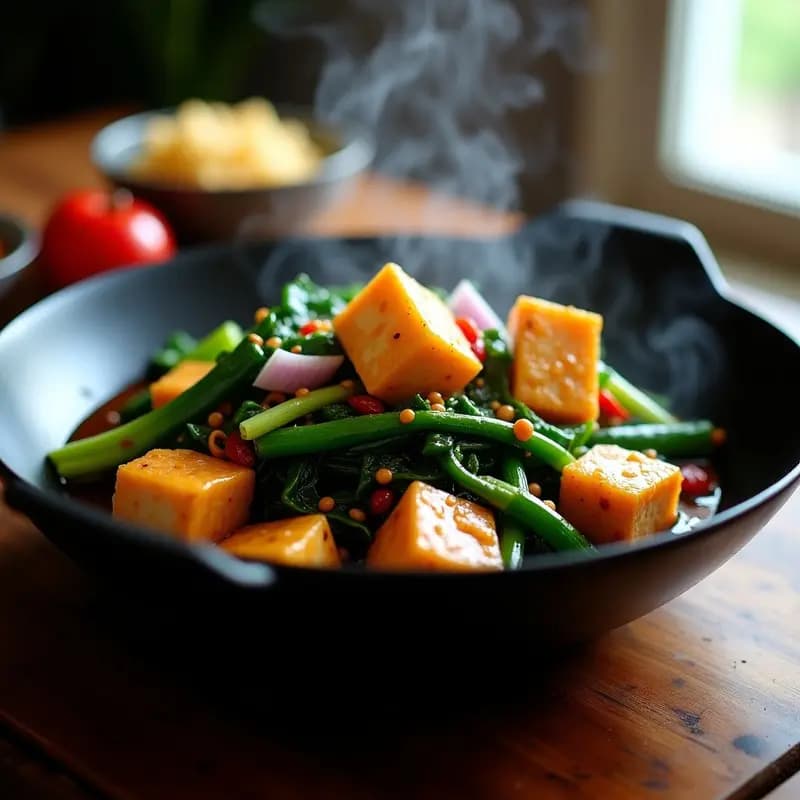 Adobong Kangkong con Tofu: Receta Filipina Vegana y Baja en Calorías en Wok