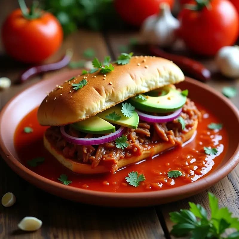 Ahogada Tlaquepaqueña: Sandwich Mexicano con Carne de Cerdo y Jitomate en Salsa