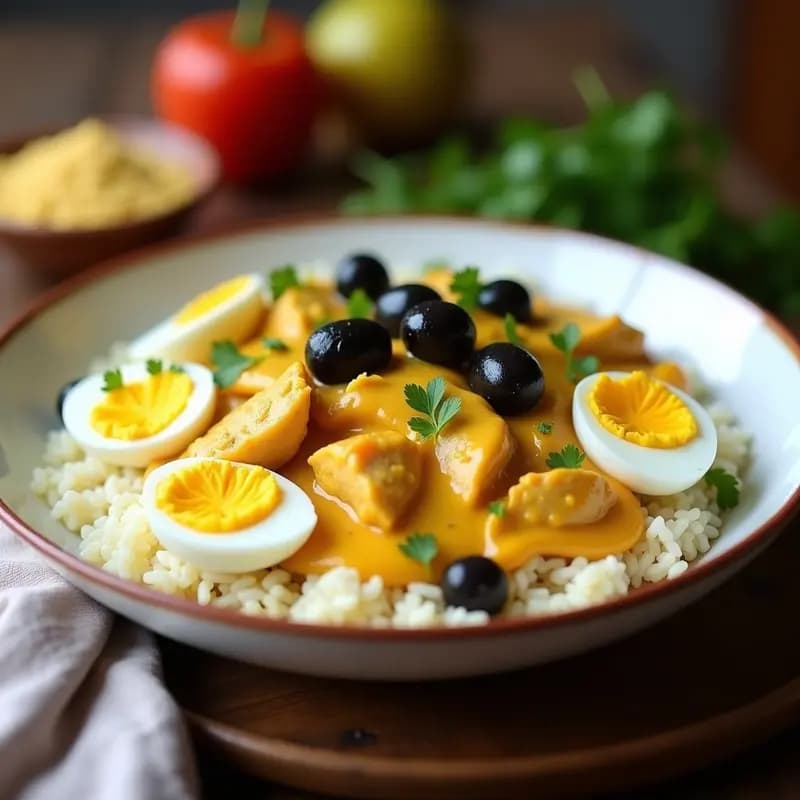 Aji de Gallina Peruano con Arroz y Aceitunas: Guiso Cremoso y Especiado