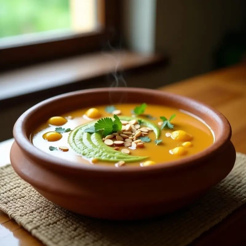 Ajiaco Colombiano Vegano: Sopa de Papa, Maíz y Guanábana con Crema de Aguacate