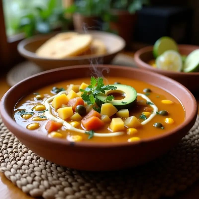 Ajiaco Santafereño Vegano: Sopa Colombiana con 3 Tipos de Papa y Mazorca