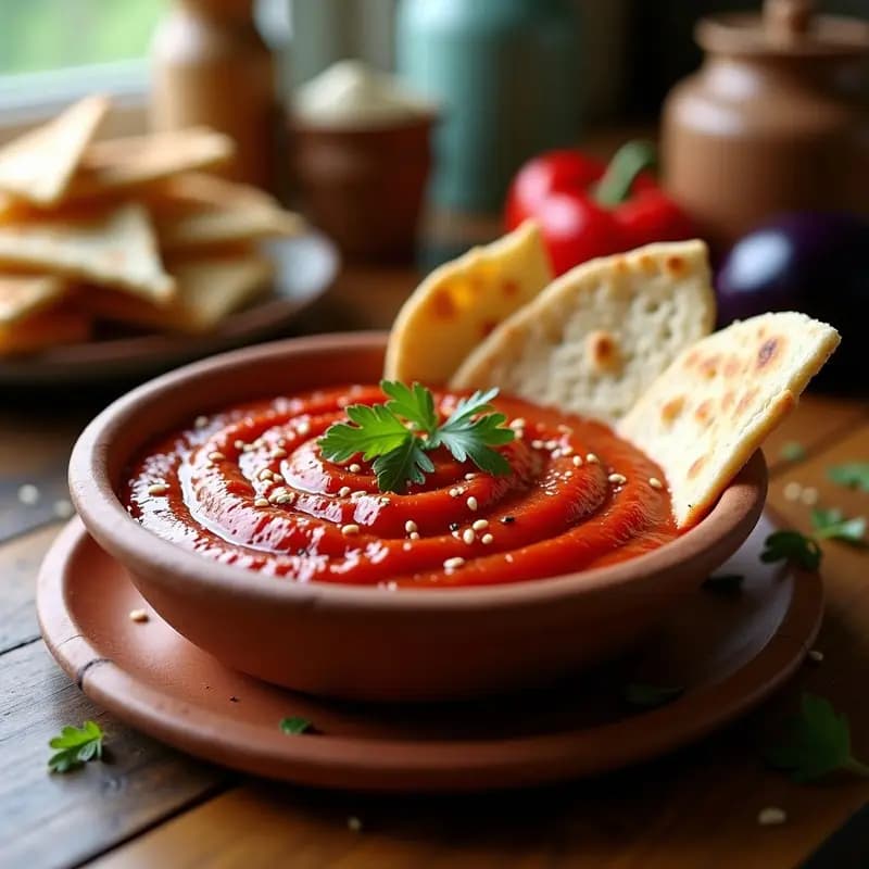 Ajvar de Pimientos Rojos Asados: Aperitivo Balcánico con Pan de Pita