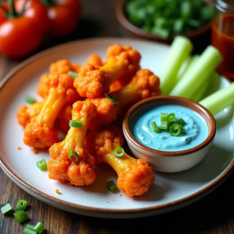 Alitas de Coliflor al Buffalo con Salsa Azul de Anacardos: Snack Crujiente Sin Carne