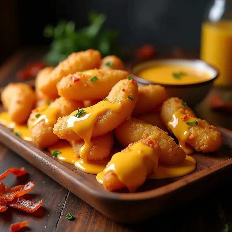 Alitas de Patatas Fritas con Salsa de Queso Cheddar y Tocino: Aperitivo Americano Crujiente