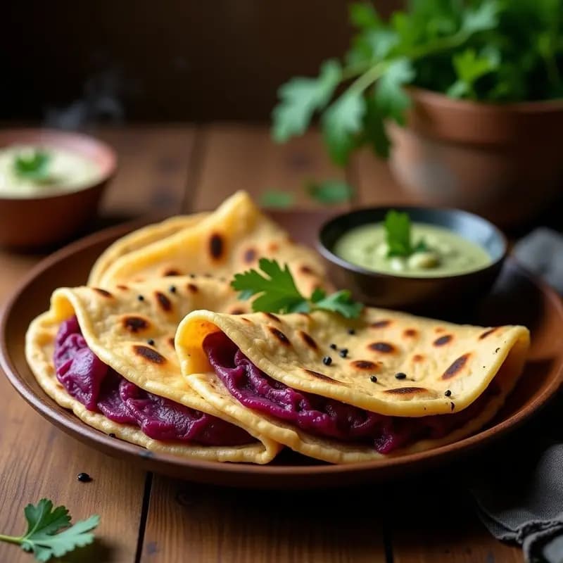 Aloo Paratha Rellena de Batata Morada y Comino: Pan Indio Plano en Sartén Antiadherente