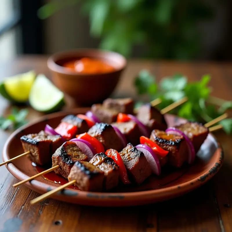 Anticuchos de Corazón de Res: Brochetas Peruanas con Aderezo de Ají Panca
