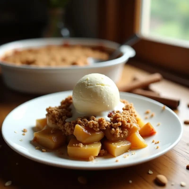 Apple Crumble Inglés con Helado de Vainilla: Postre Tradicional y Reconfortante