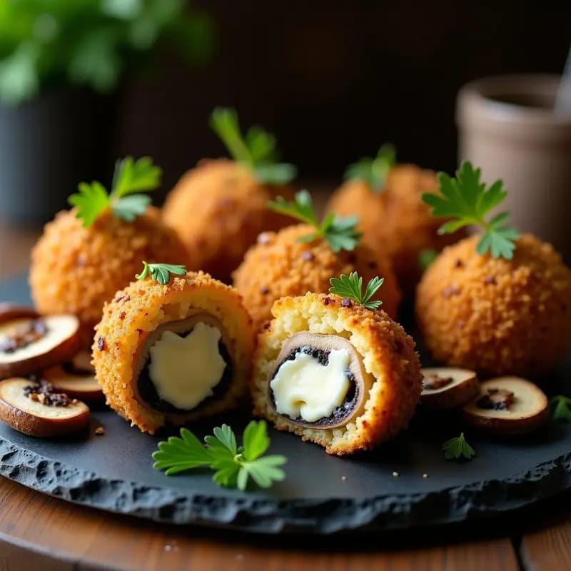 Arancini de Champiñones y Queso Blue con Pan de Migas de Castaña: Bocado Italiano Gourmet Sin Gluten