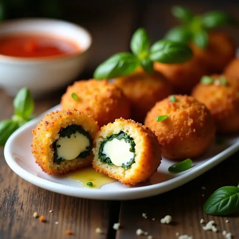 Arancini de Espinacas y Mozzarella: Croquetas Italianas al Horno con Salsa de Tomate Casera