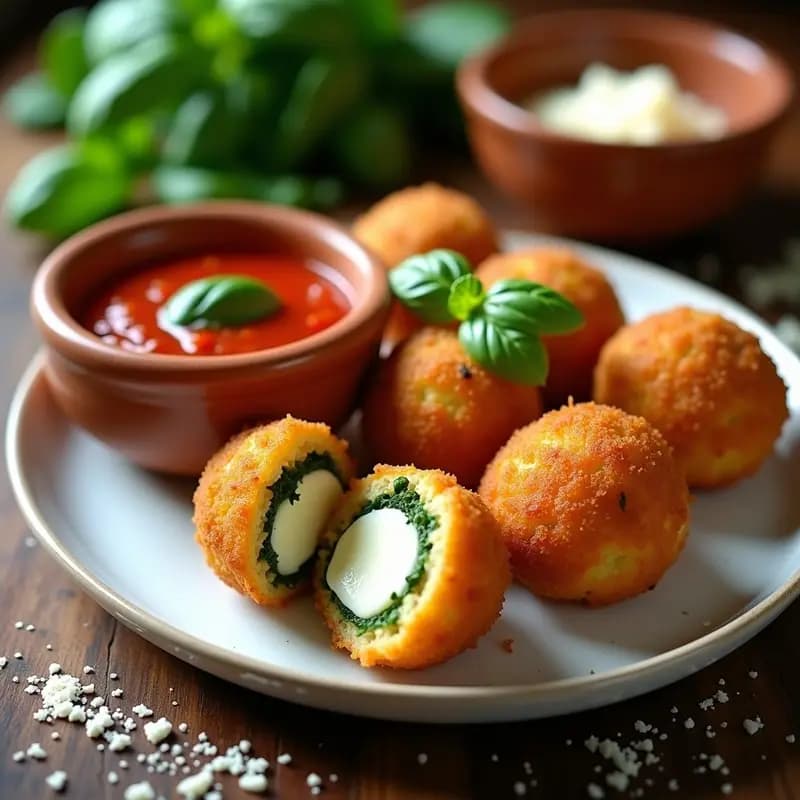 Arancini de Espinacas y Mozzarella con Salsa Arrabbiata: Aperitivo Italiano Crujiente