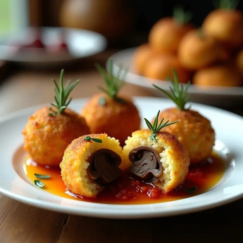 Arancini Italianos Rellenos de Ragú de Hongos: Croquetas de Arroz Crujientes