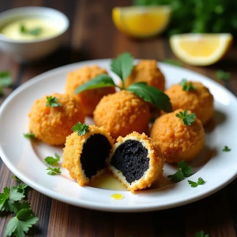 Arancini de Risotto Negro con Calamar: Croquetas Italianas Gourmet