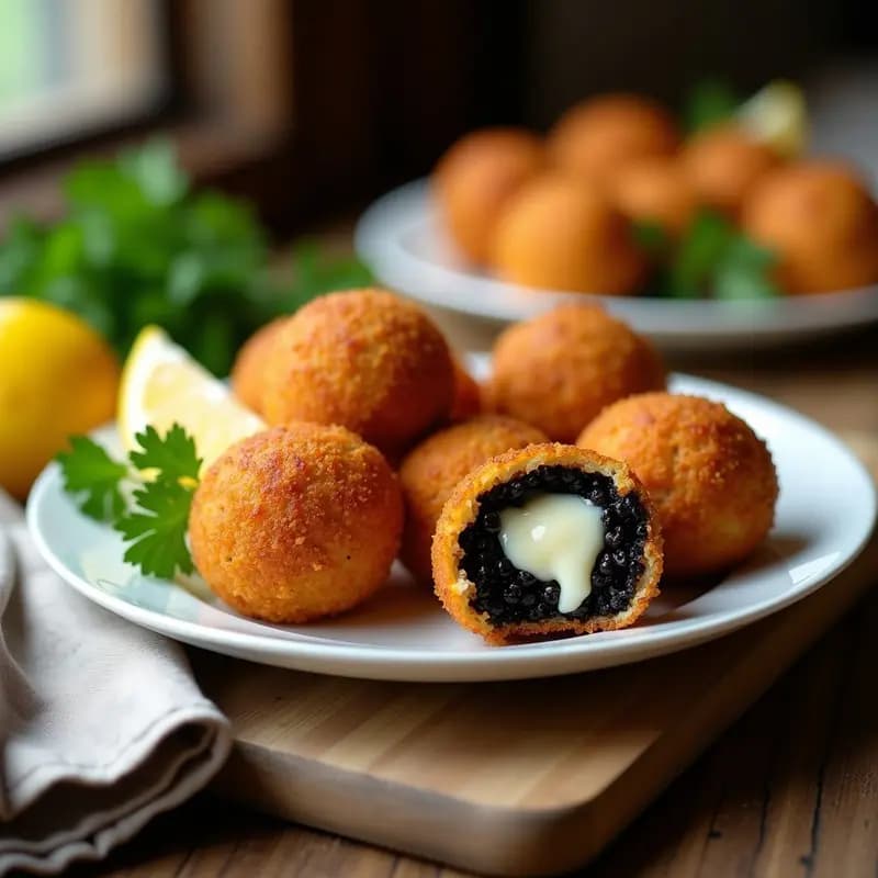 Arancini de Risotto Negro con Queso Mozzarella: Entrante Italiano Crujiente