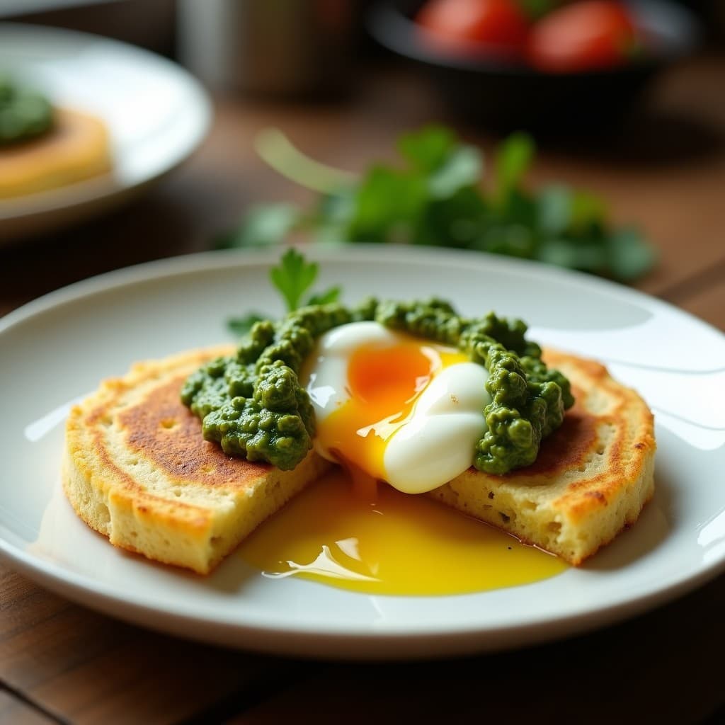 Arepa de harina de Arroz Rellena de Huevo Pochado y Pesto de Cilantro: Desayuno Colombiano Sin Gluten