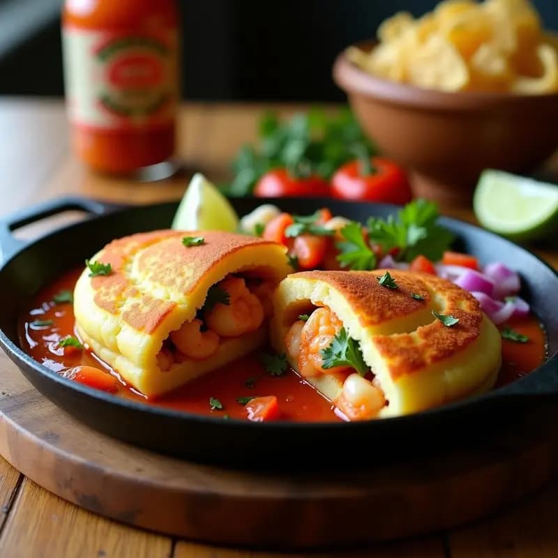 Arepa Dominicana Rellena de Mariscos y Salsa Criolla: Receta del Caribe en Sartén