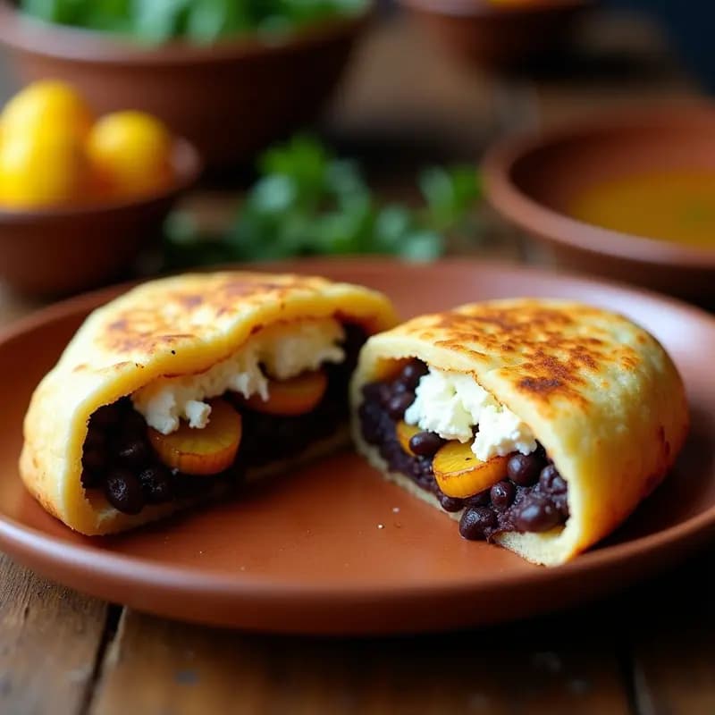 Arepa Dominó Venezolana: Rellena de Caraotas Negras, Queso Blanco y Plátano Maduro