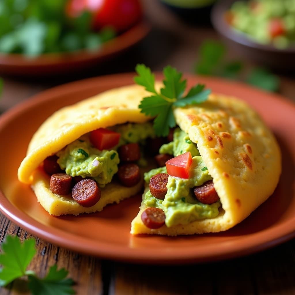 Arepa de Harina de Plátano con Relleno de Guacamole y Chorizo de Soja: Desayuno Venezolano Vegano