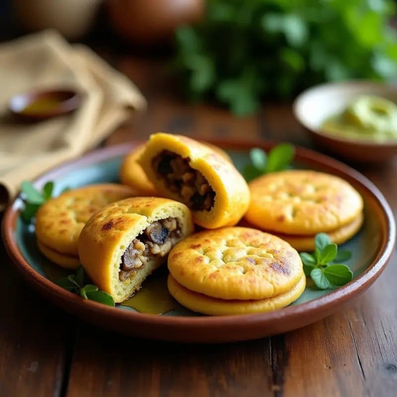 Arepa-types de Harina de Plátano Relleña de Queso de Castaña y Champiñones: Receta Colombiana Vegana