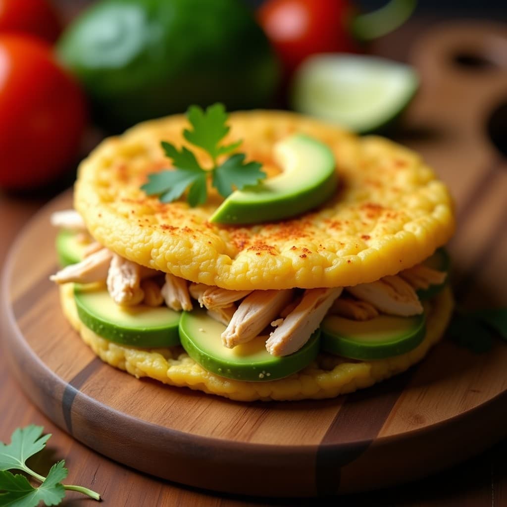 Arepa de Harina de Plátano Verde con Relleno de Pollo Desmenuzado y Aguacate