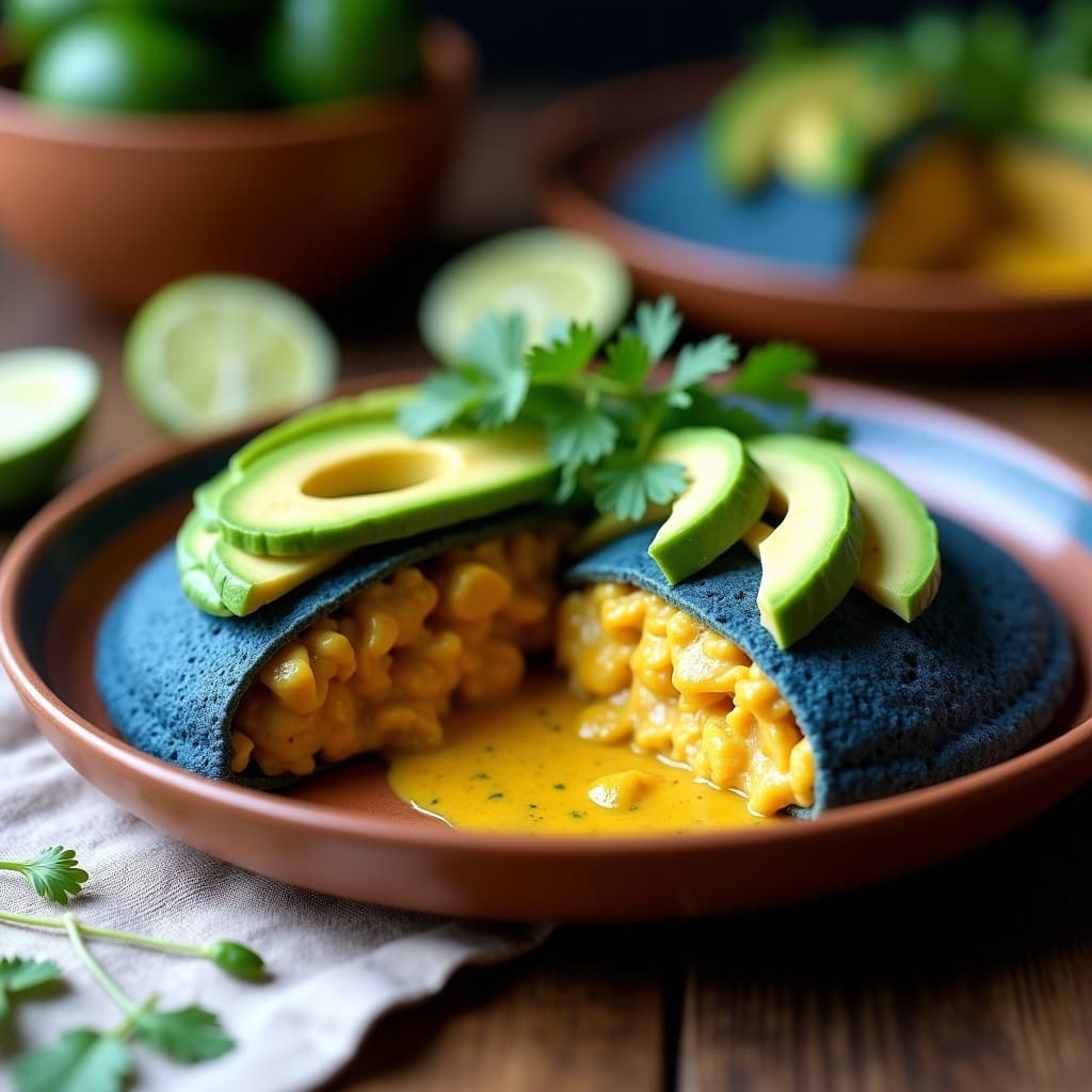 Arepa de Maíz Azul con Relleno de Pollo al Curry y Aguacate: Receta Venezolana Fusion