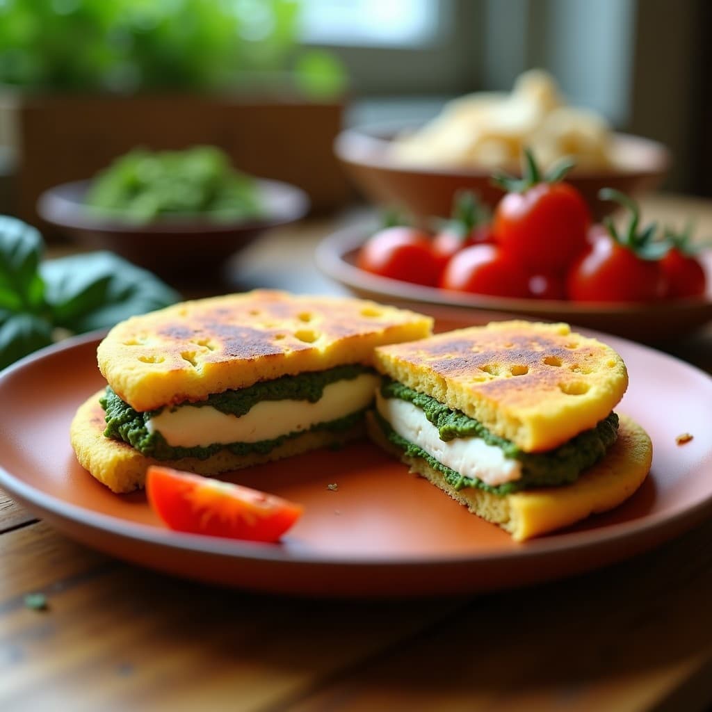 Arepa de Maíz Azul con Relleno de Queso Vegano y Pesto de Albahaca: Receta en Airfryer