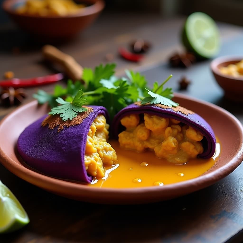 Arepa de Maíz Morado Rellena de Pollo al Curry: Receta Venezolana con Toque Indio