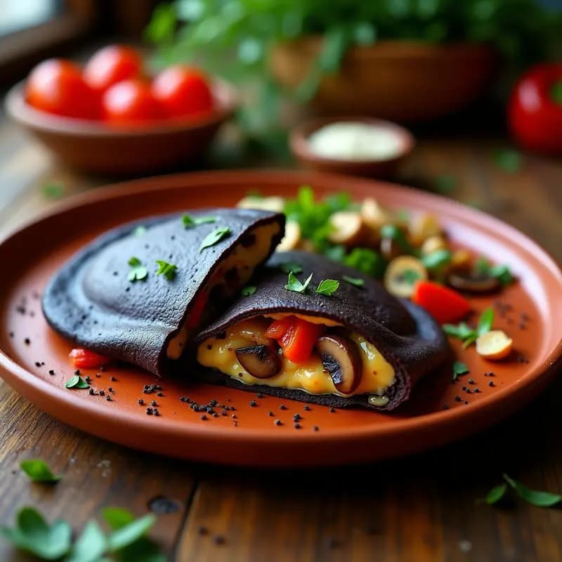 Arepa Venezolana de Maíz Negro Rellena de Queso de Almendras y Champiñones Portobello