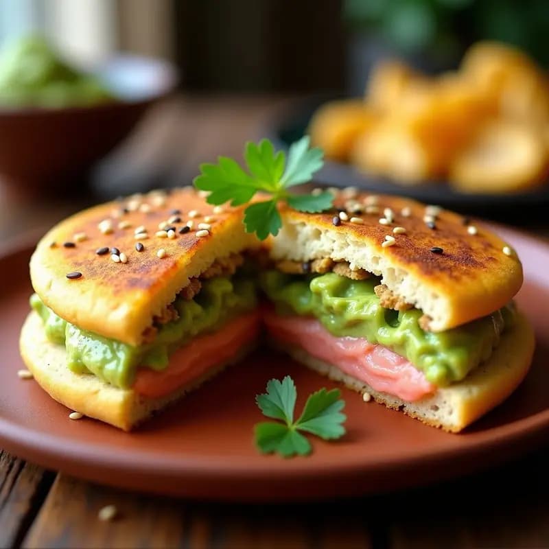 Arepa Colombiana de Maíz Tierno Rellena de Guacamole y Salsa Rosa