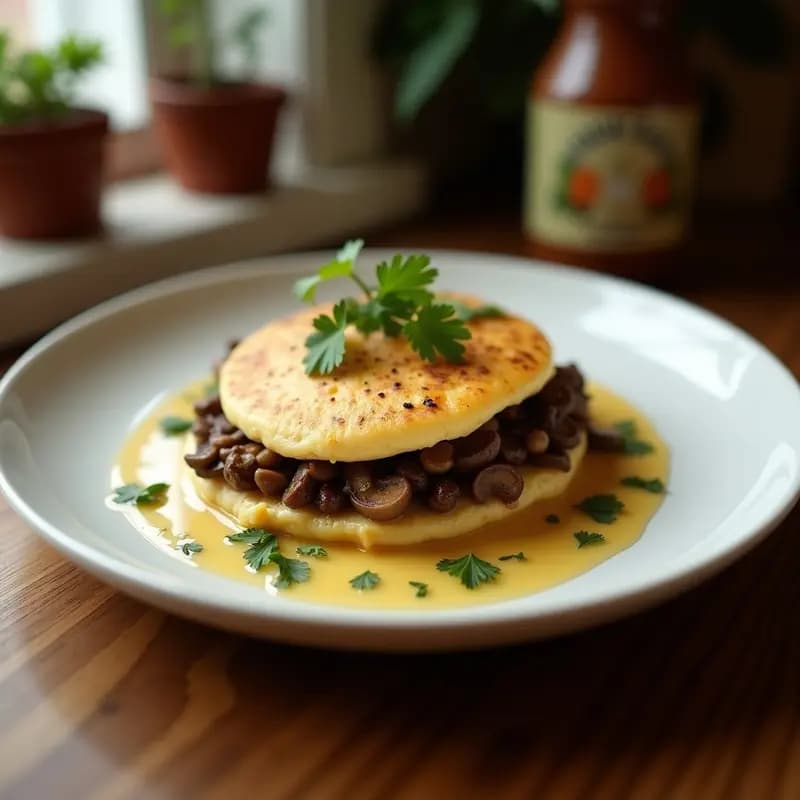 Arepa de Queso Ahumado y Champiñones Portobello: Desayuno Colombiano Gourmet en Sartén