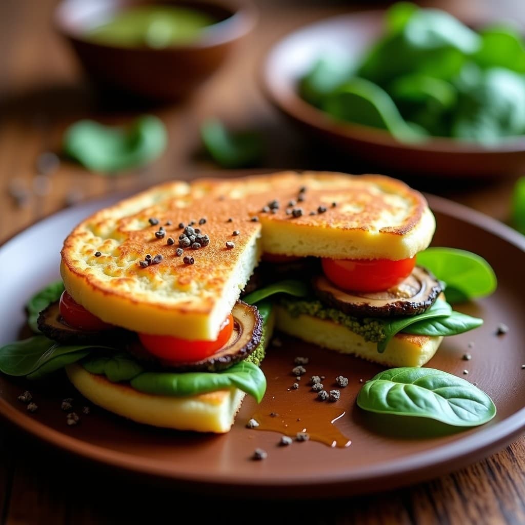 Arepa Rellena de Hongo Portobello y Pesto de Albahaca: Desayuno Colombiano Vegano