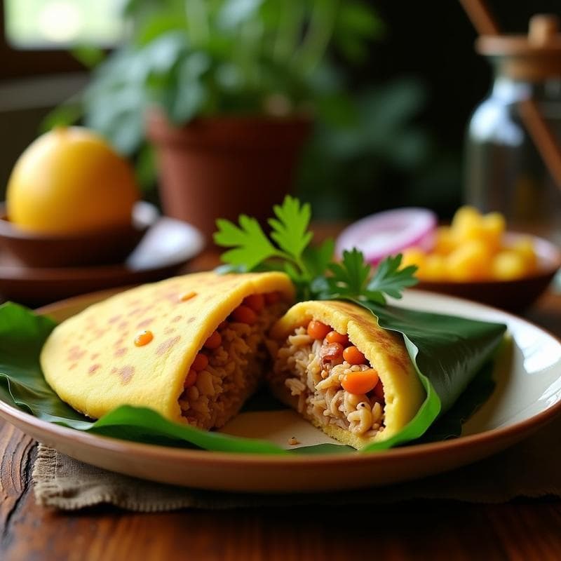 Arepa de Yuca Fermentada (Casabe) con Relleno de Pollo Ahumado y Guanábana: Receta Taína Modernizada