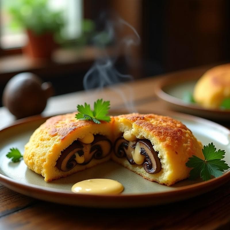 Arepa de Yuca Rellena de Hongo Portobello y Queso de Anacardos: Receta Sin Gluten en Sartén Antiadherente