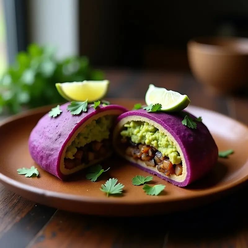 Arepa de Yuca Morada rellena de Guacamole y Ceviche de Champiñones: Receta Venezolana-Peruana Sin Gluten