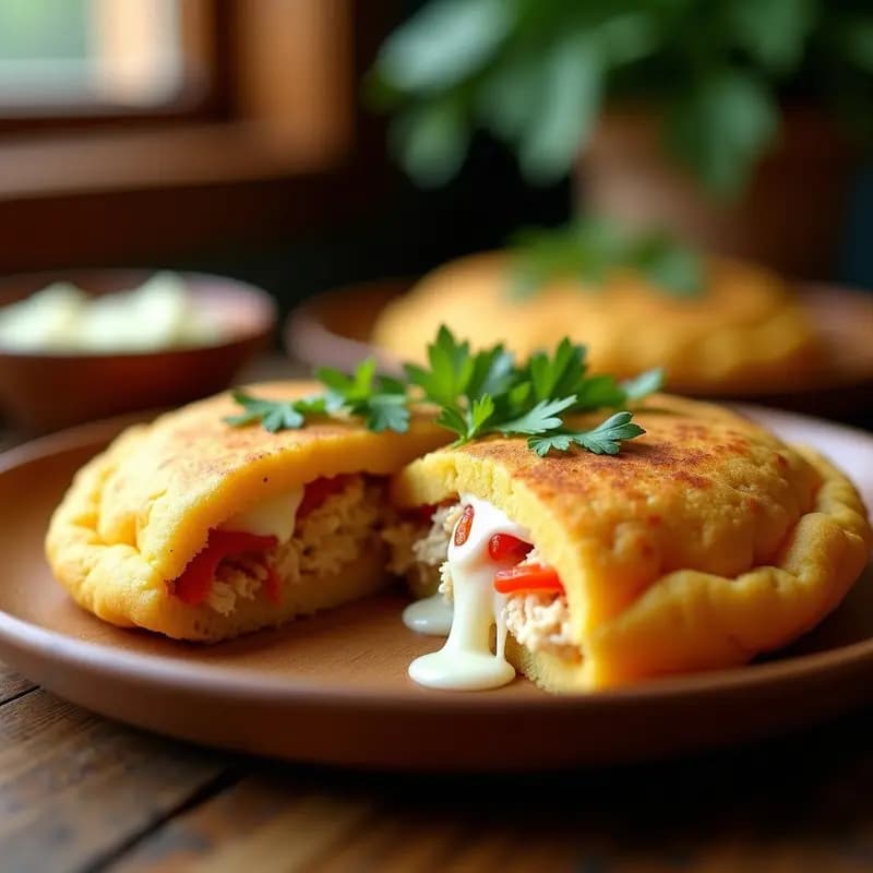 Arepa de Yuca con Relleno de Pollo Desmenuzado y Queso Mozzarella: Receta Colombiana en Sartén