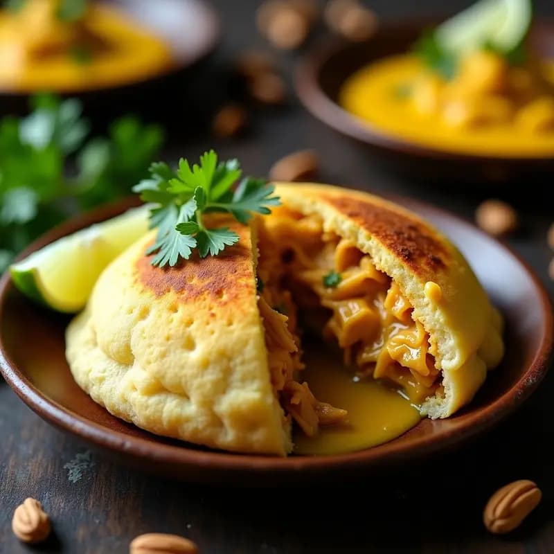 Arepa de Yuca y Queso de Almendras con Relleno de Pollo al Ají Amarillo
