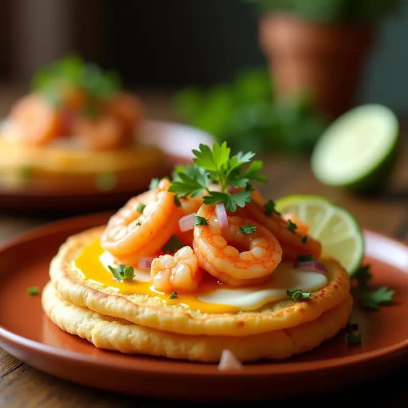 Arepa de Yuca y Queso de Búfala con Ceviche de Camarón: Desayuno Colombiano Gourmet