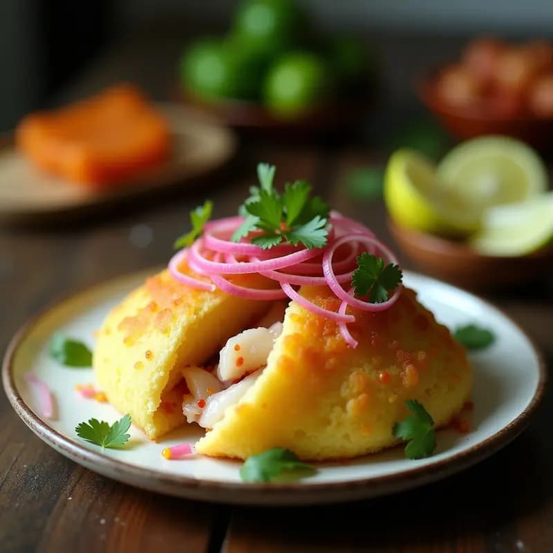 Arepa de Yuca Rellena de Tiradito de Corvina: Receta Venezolana-Peruana en Airfryer