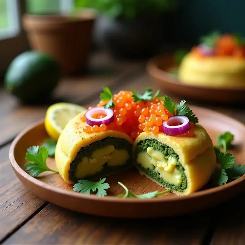 Arepa de Yucca y Espirulina con Relleno de Aguacate y Huevas de Pescado: Receta Venezolana Superfood