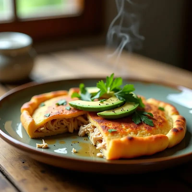 Arepas Colombianas Rellenas de Pollo Desmechado y Aguacate: Receta Rápida en Sartén