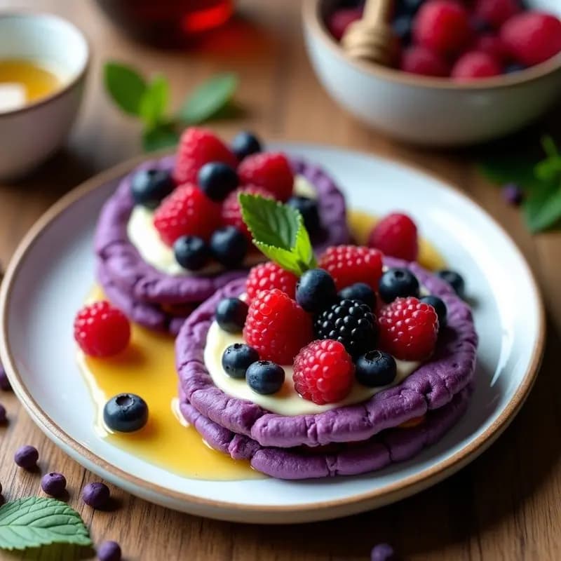 Arepas Dulces de Maíz Morado y Queso Requesón: Desayuno Colombiano Sin Gluten con Frutos Rojos