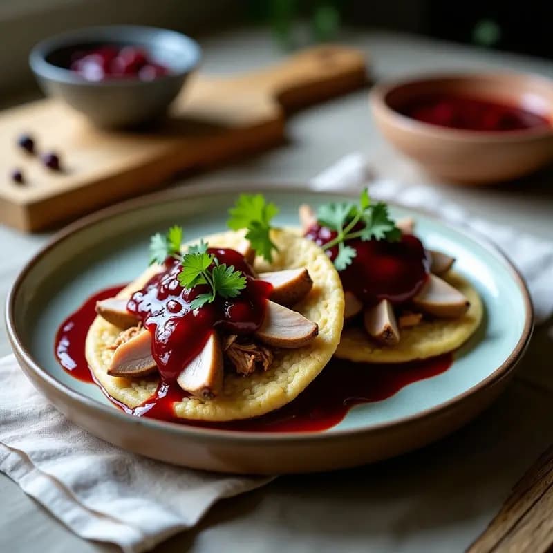 Arepas de Maíz Azul con Relleno de Pato Ahumado y Salsa de Cereza: Receta Venezolana Gourmet