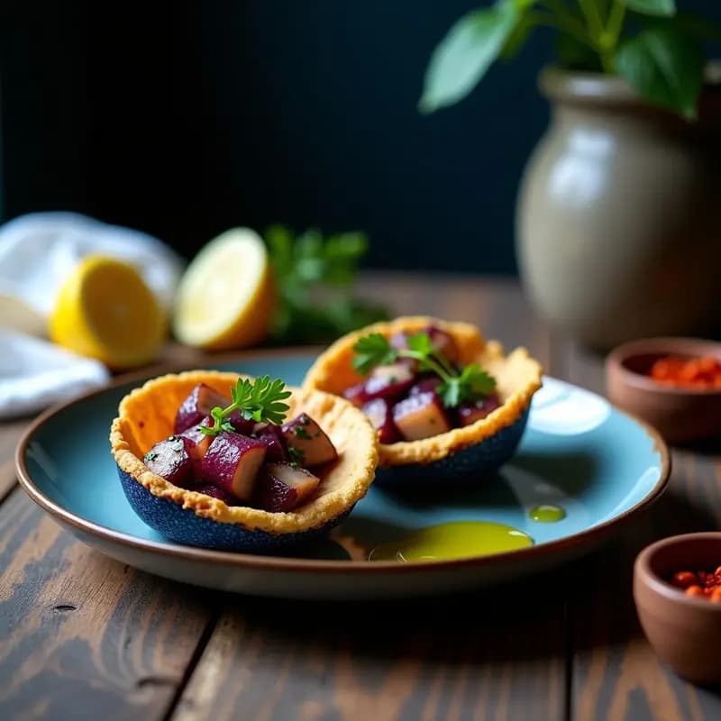 Arepas de Maíz Azul con Relleno de Pulpo a la Gallega y Pimentón de la Vera