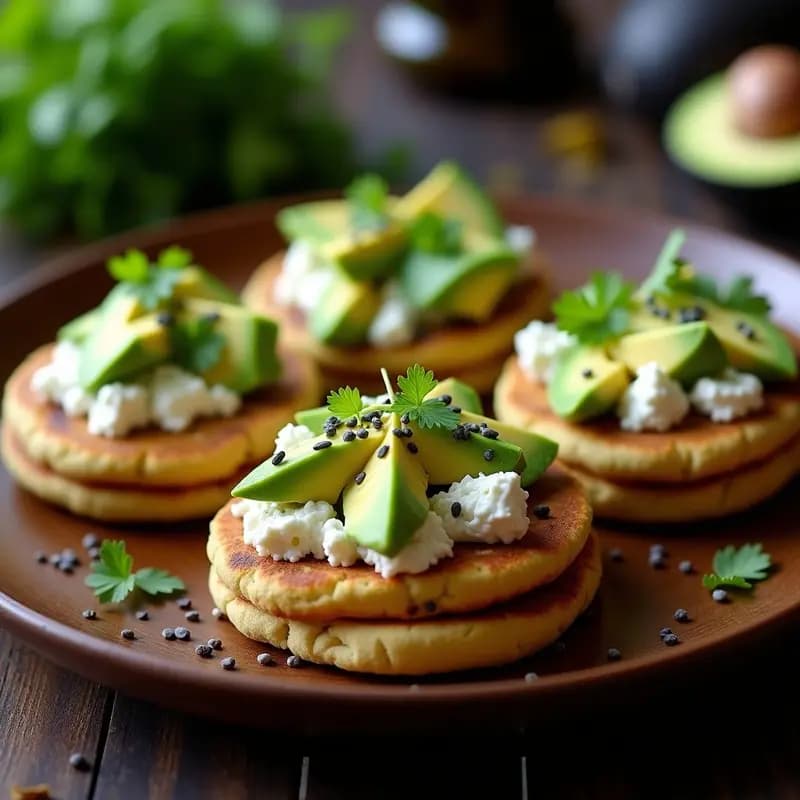 Arepas Colombianas de Maíz Azul con Queso de Cabra y Aguacate: Desayuno Colorido y Nutritivo
